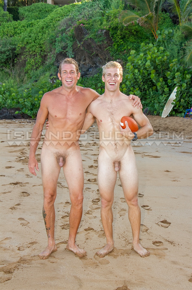 Nyles and Daddy Van two straight surfer jocks playing football naked outside