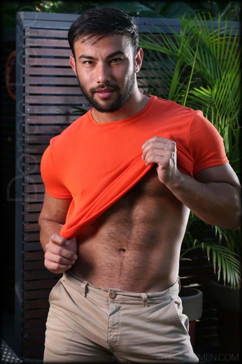 Sexy hairy muscle Latin stud Dorian Ferro strips naked tight t shirt jerking huge uncut cock 001 gay porn pics - Sexy hairy muscle Latin stud Dorian Ferro strips out of his tight t-shirt jerking his huge uncut cock